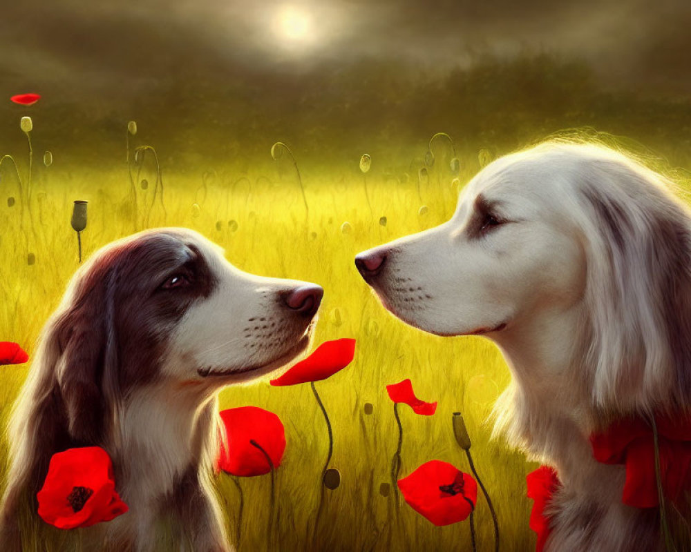 Two dogs in poppy field under soft sun glow