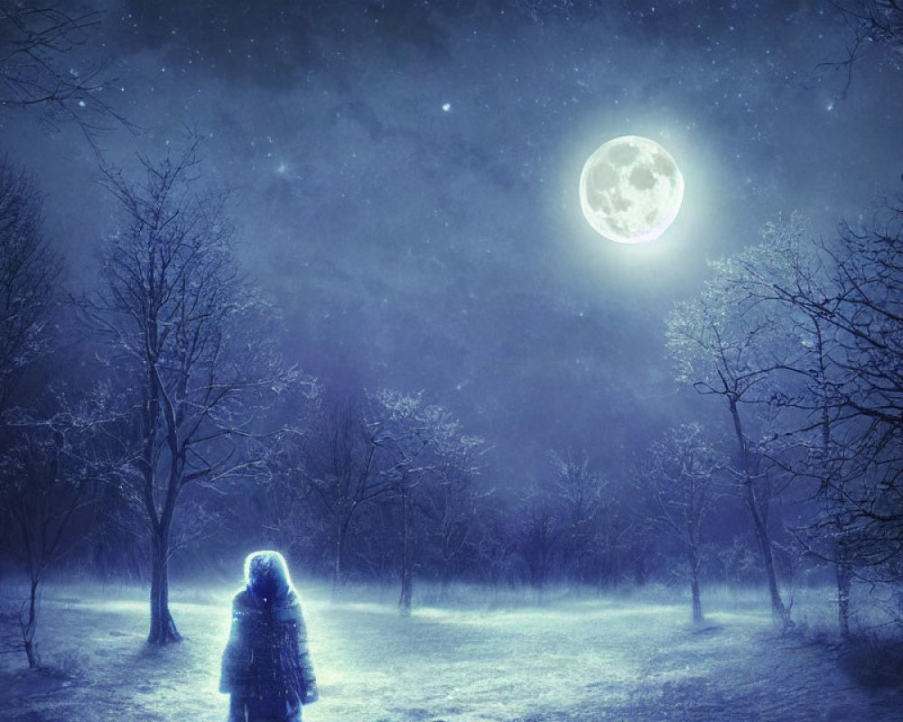Solitary figure in winter coat gazes at full moon in snow-covered landscape
