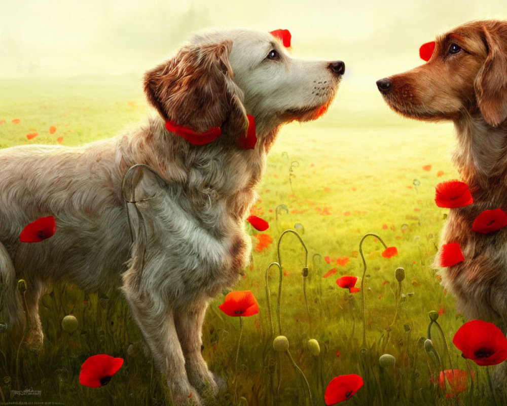 Two dogs in a field with red poppies, one looking upward and the other facing its companion,
