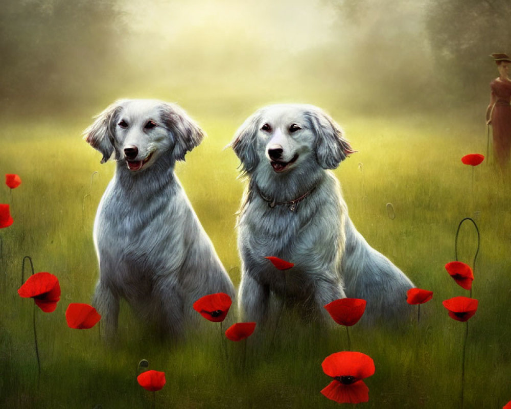 Two dogs playing in a poppy field with a person in the background