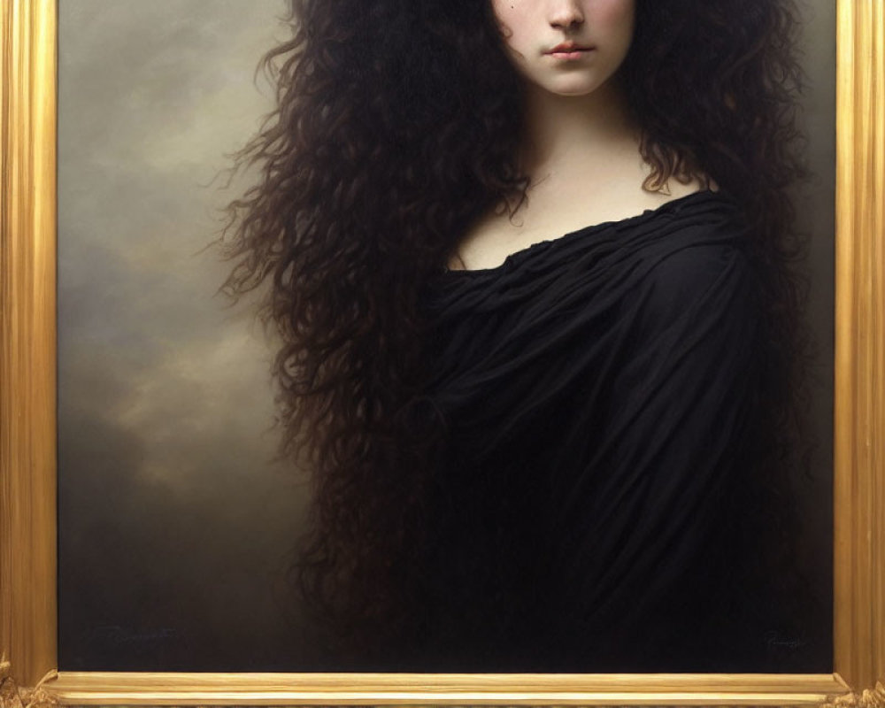 Woman with Voluminous Curly Hair in Black Off-Shoulder Garment Portrait