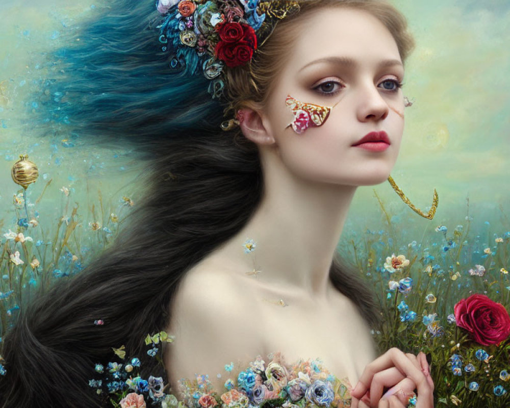 Portrait of woman with flowing hair, butterfly on cheek, and flower-filled background