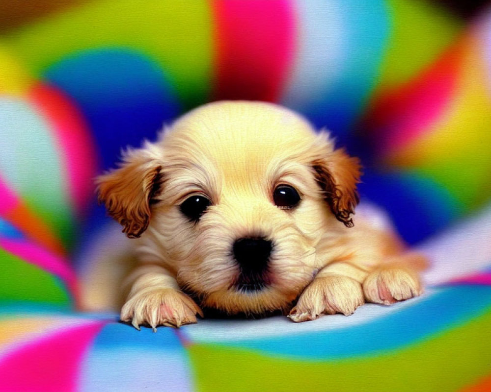 Fluffy white puppy on vibrant swirled background