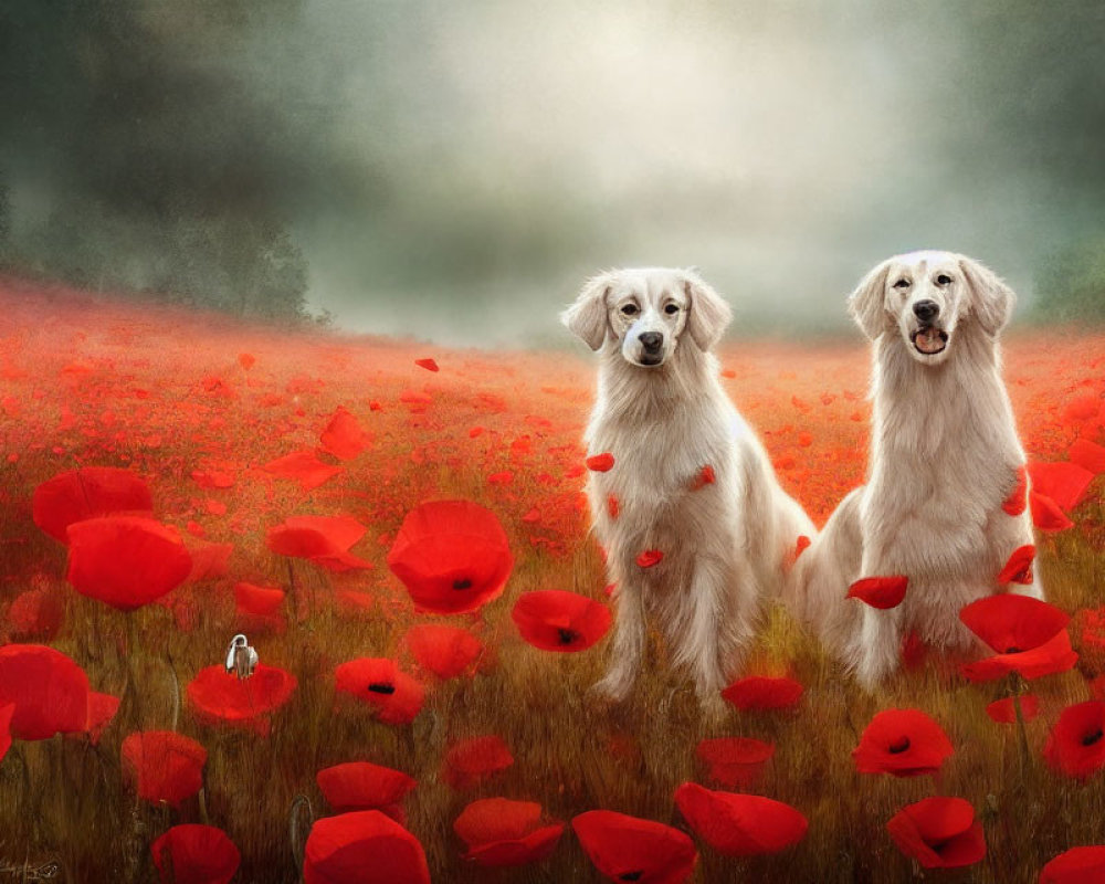 Two White Dogs Surrounded by Red Poppies in Greenish Sky