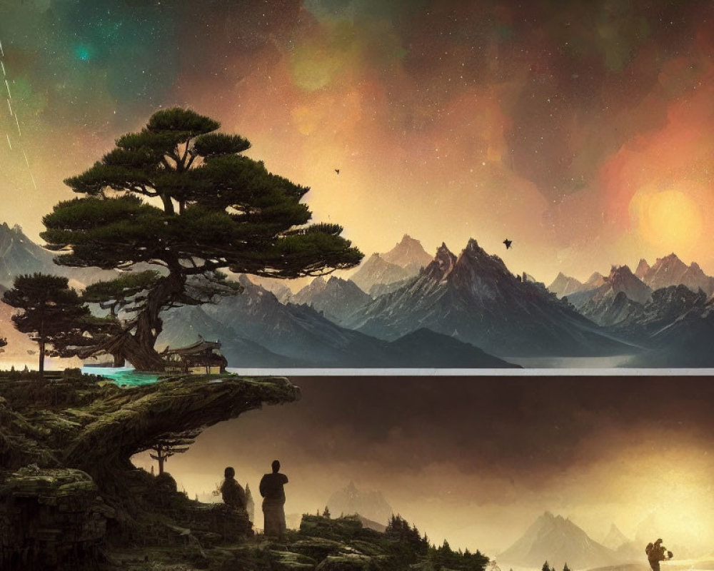 Digital artwork: Two individuals on cliff under tree, viewing starlit mountains