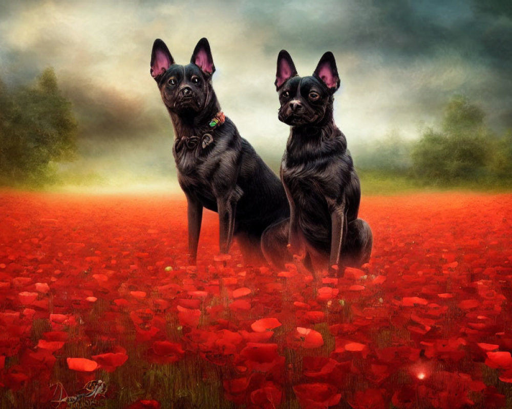 Two Black Dogs Sitting in Vibrant Poppy Field under Dreamy Sky