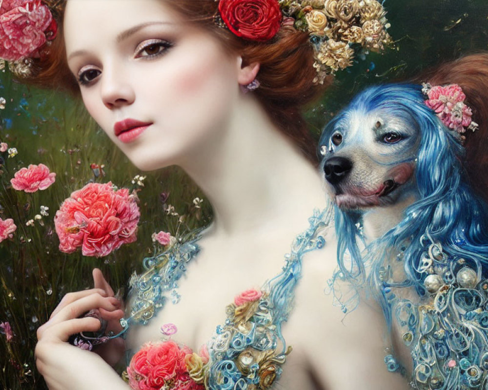 Surreal portrait of woman with floral adornments and blue-spaniel creature
