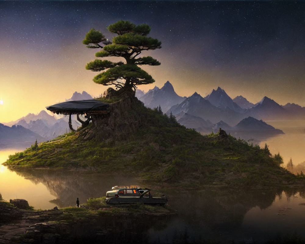 Twilight landscape with large tree, mountains, boat, and starry sky