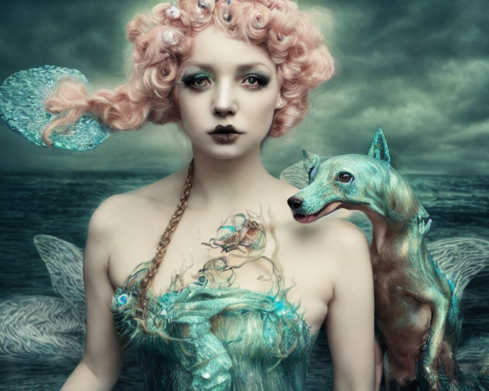 Surreal portrait of a woman with pink hair and sea-themed attire in stormy seascape