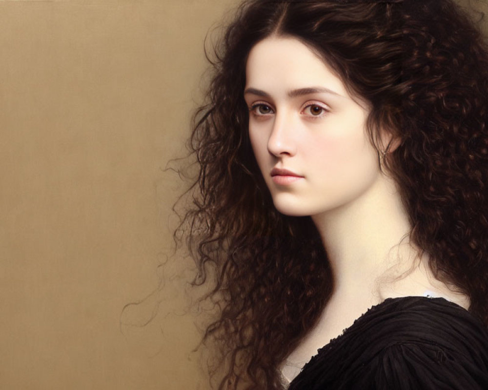 Portrait of young woman with long curly brown hair in black dress