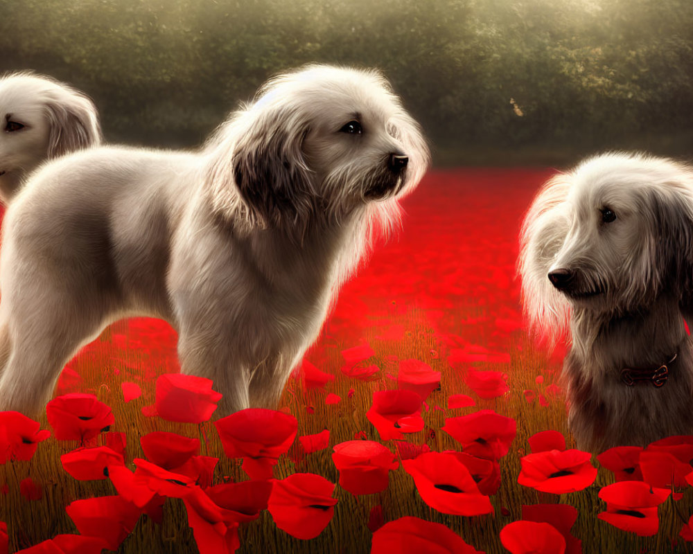 Fluffy White Dogs in Field of Red Poppies