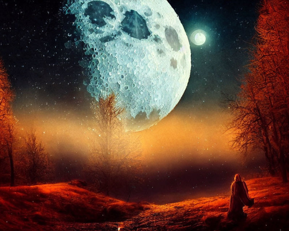 Person in mystical forest at night with oversized moon and golden mist
