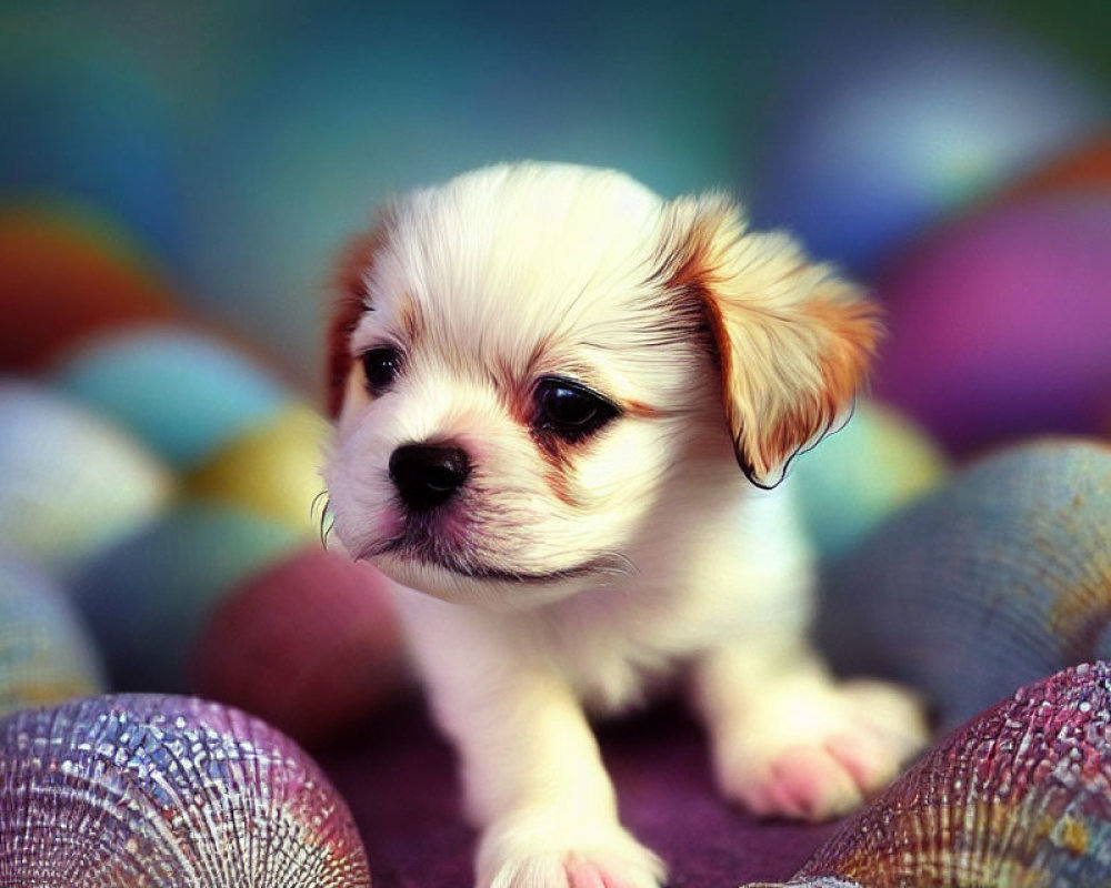 Fluffy white puppy with tan patches surrounded by colorful balls