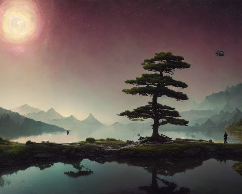 Tranquil landscape with towering tree, reflective waterside, person, starry sky, galaxy,