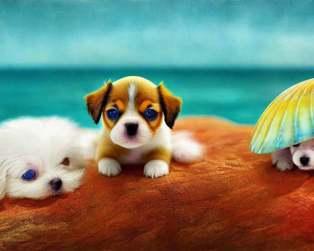 Three Cute Puppies: White, Brown & White, and Shell-Hiding