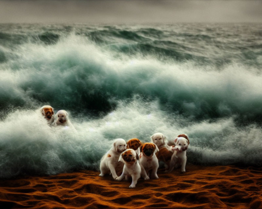 Seven puppies playing on a beach with a large wave in the background