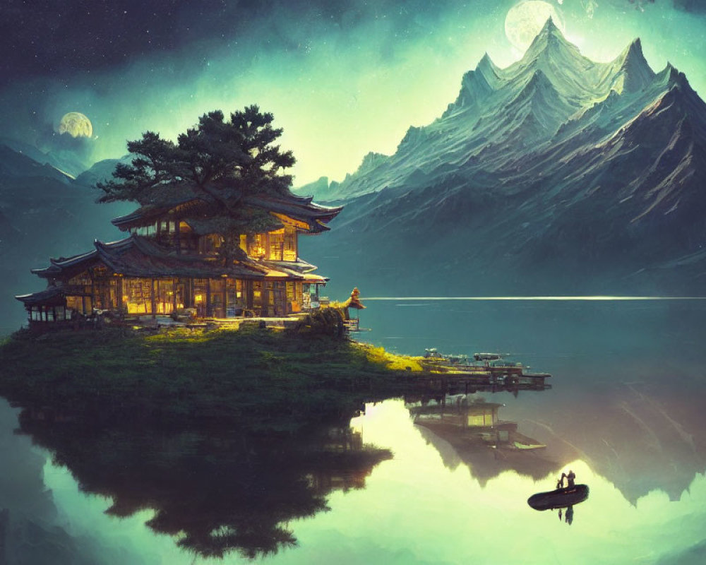 Traditional Asian-style house by serene lake, mountains, and twin moons at twilight