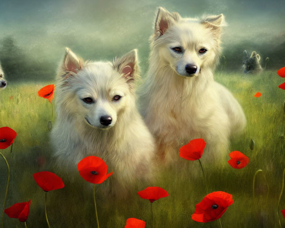 Two White Dogs in Poppy Field with Misty Background