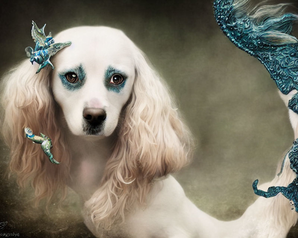 Surreal image: dog with human-like blue eyes and ornate teal accessories