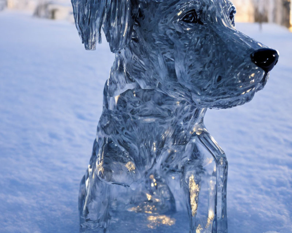 Detailed Ice Dog Sculpture in Snowy Landscape on Blue Background