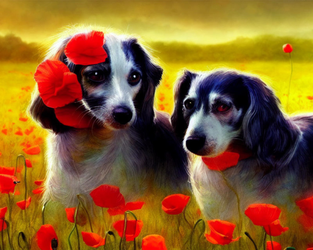 Two dogs with blue eyes in red poppy field at sunrise or sunset