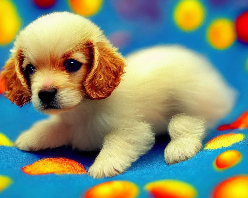 White and Tan Puppy on Blue Blanket with Fish Patterns