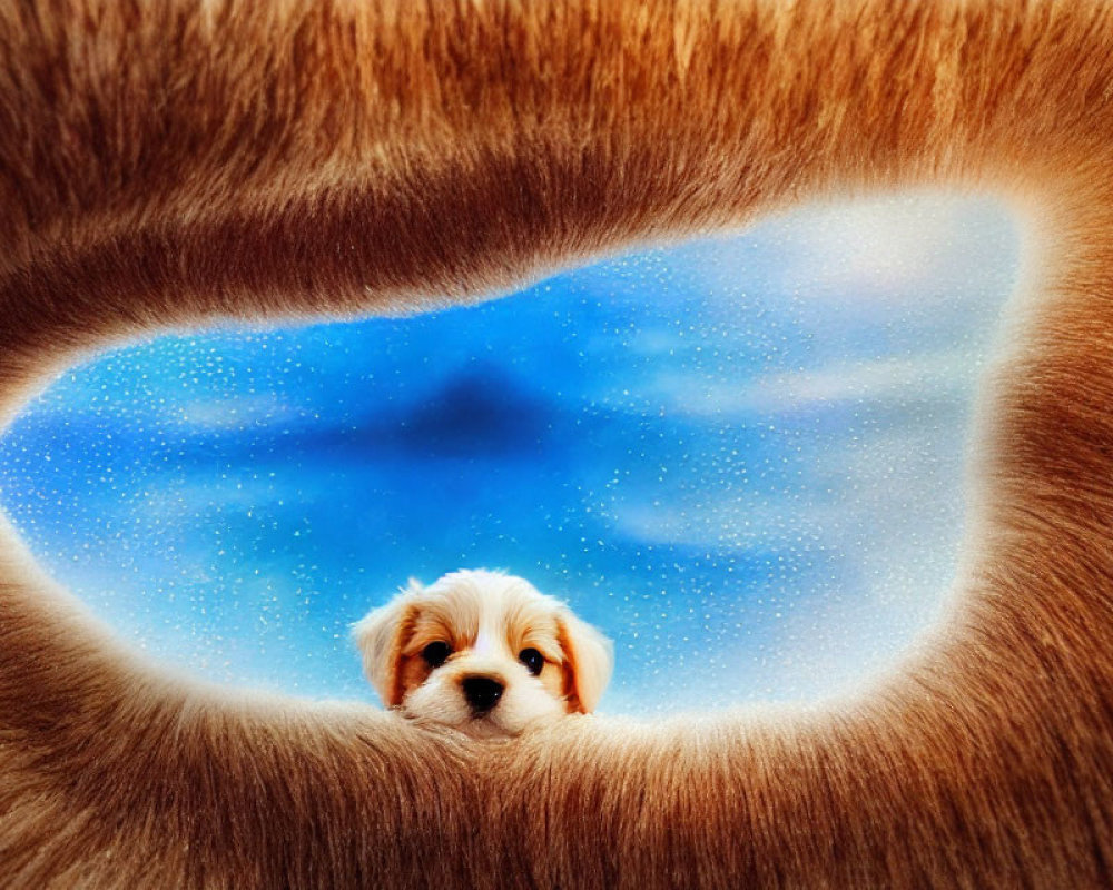 Adorable puppy in heart-shaped opening under starry sky