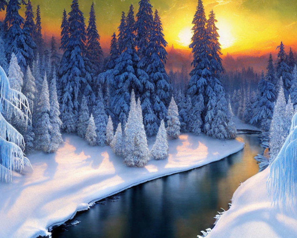 Snow-covered riverside with evergreen trees and vibrant sunrise