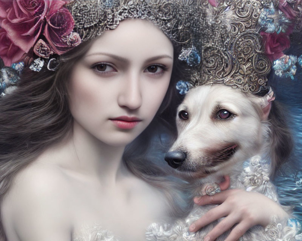Woman and dog with floral headdresses in serene water-themed setting