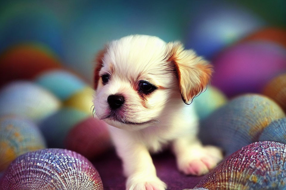 Fluffy white puppy with tan patches surrounded by colorful balls