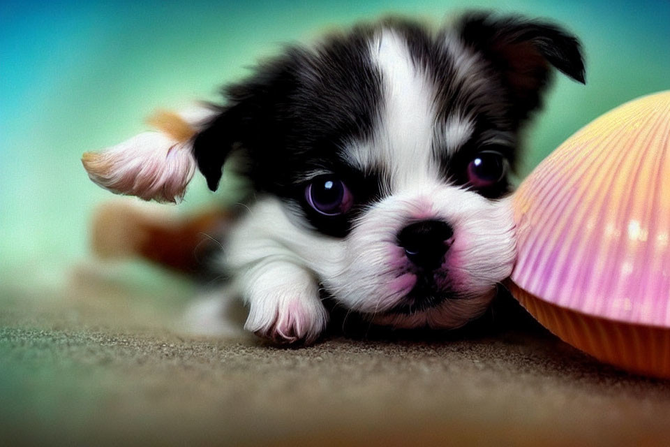 Fluffy black and white puppy with expressive eyes next to pink shell on sand