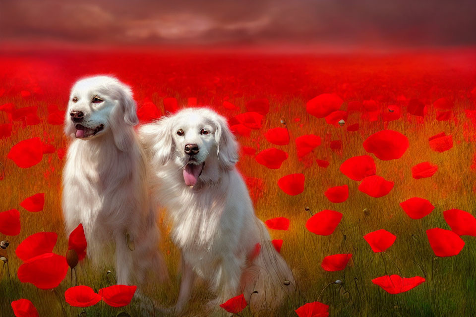 Two White Dogs in Vibrant Red Poppy Field with Surreal Red Sky