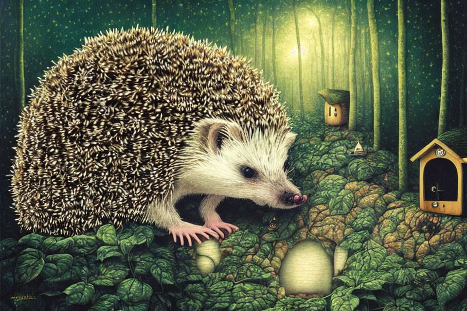 Illustrated hedgehog in fantastical forest with birdhouses, lights, strawberry.