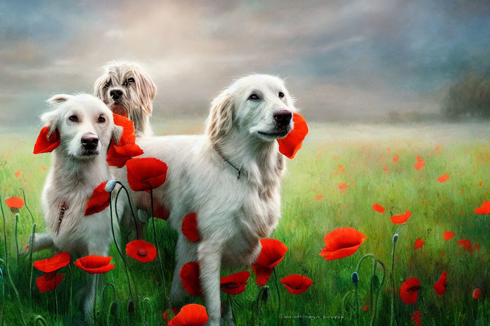 Three dogs in poppy field under cloudy sky