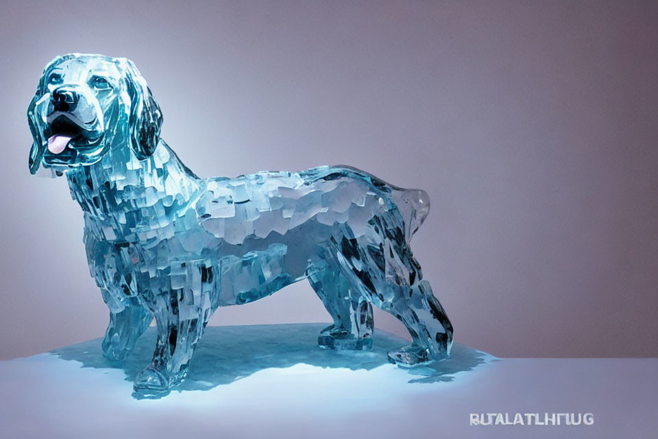 Translucent crystal-like dog sculpture on reflective surface
