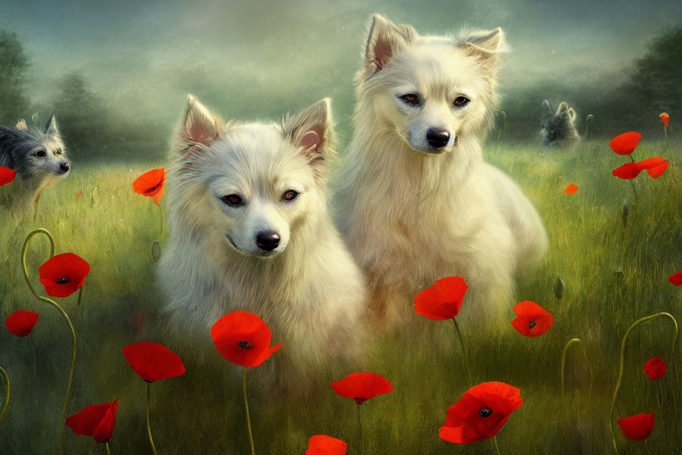 Two White Dogs in Poppy Field with Misty Background