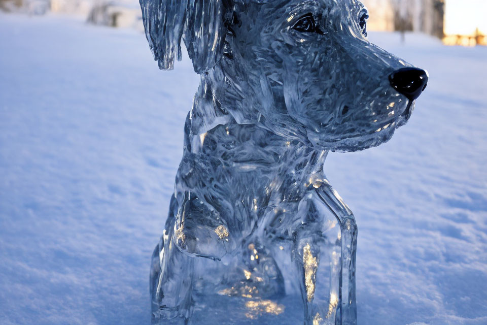 Detailed Ice Dog Sculpture in Snowy Landscape on Blue Background
