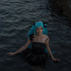 Blue-haired person in black outfit near swirling dark water.