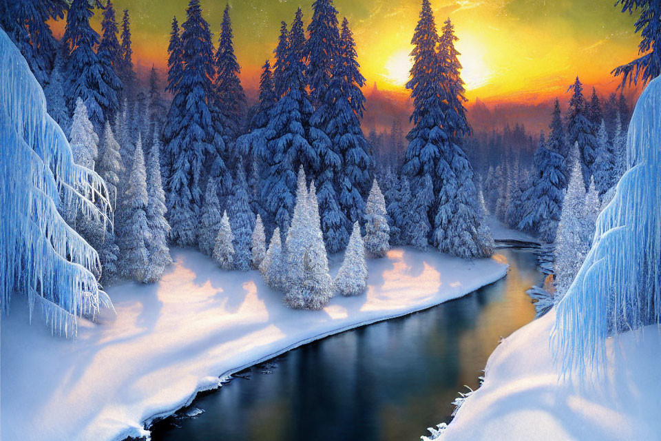 Snow-covered riverside with evergreen trees and vibrant sunrise