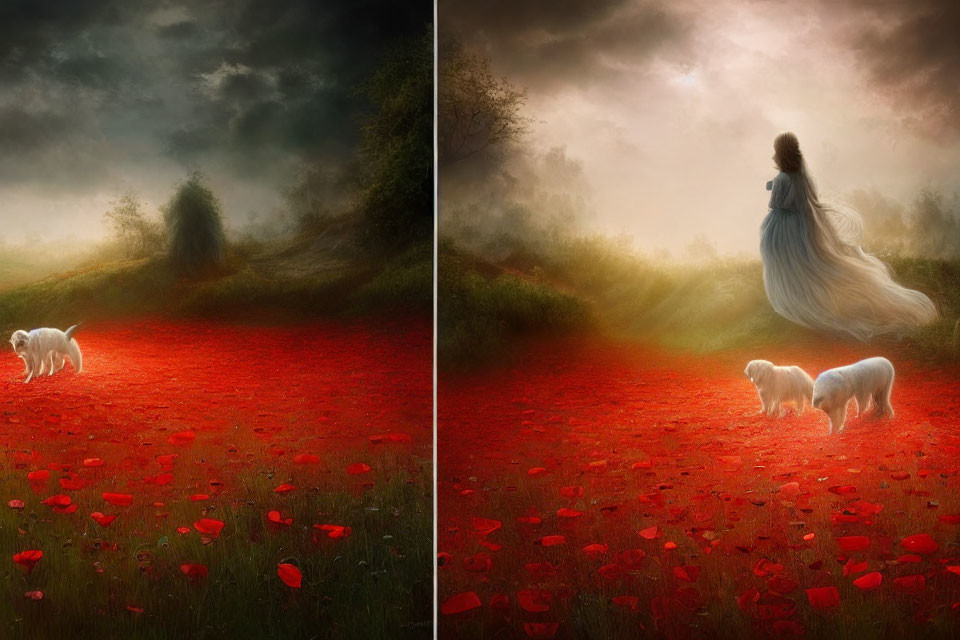 Woman in flowing gown with two white dogs on misty path strewn with red petals
