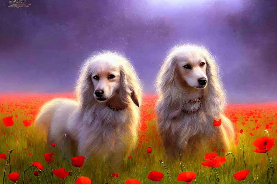 Fluffy cream-colored dogs in a poppy field under a purple sky