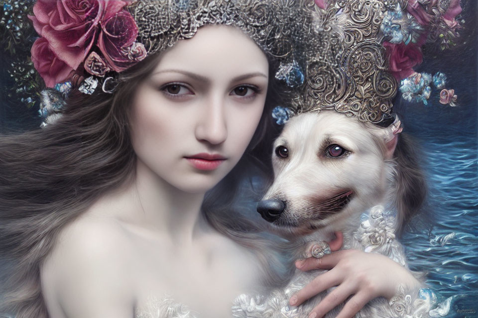 Woman and dog with floral headdresses in serene water-themed setting