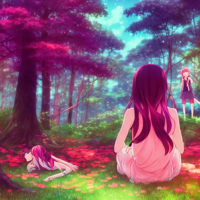 Anime characters in pink forest: two seated, one standing in ethereal light
