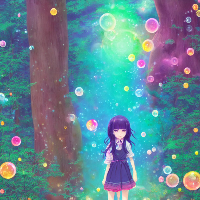 Young girl in magical forest with colorful glowing bubbles
