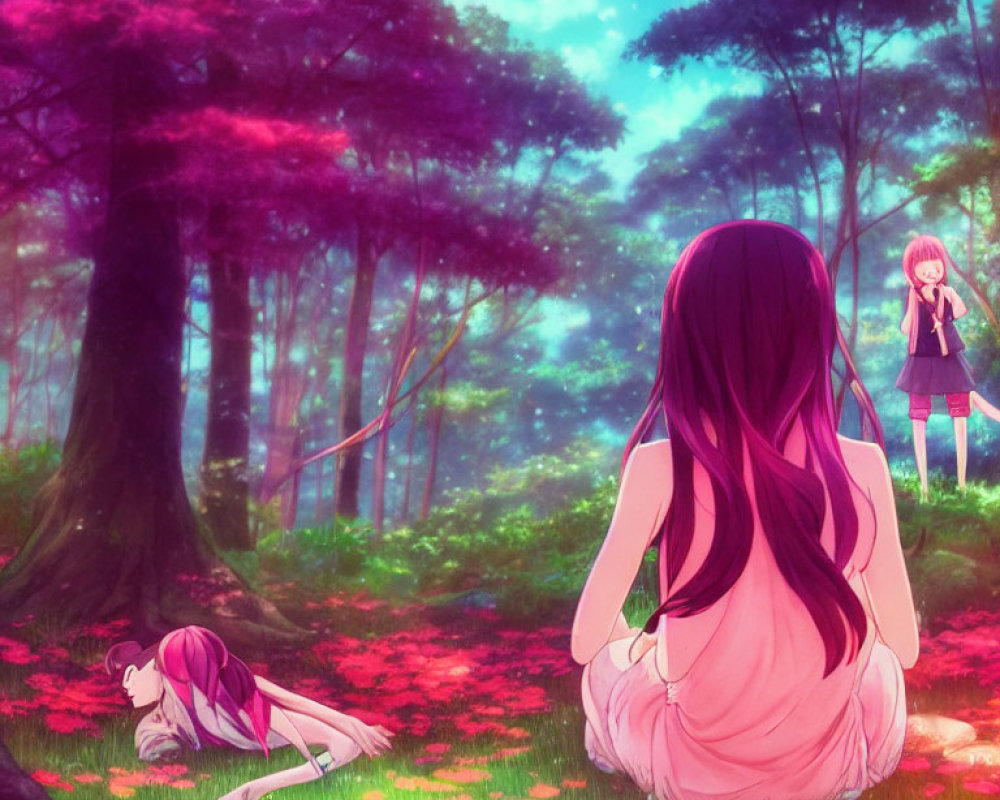 Anime characters in pink forest: two seated, one standing in ethereal light