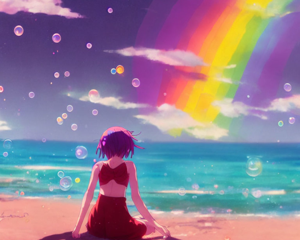 Purple-haired girl on beach gazes at rainbow under starry sky with bubbles