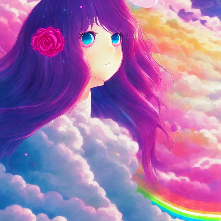 Colorful illustration of girl with purple hair and blue eyes in front of rainbow and clouds