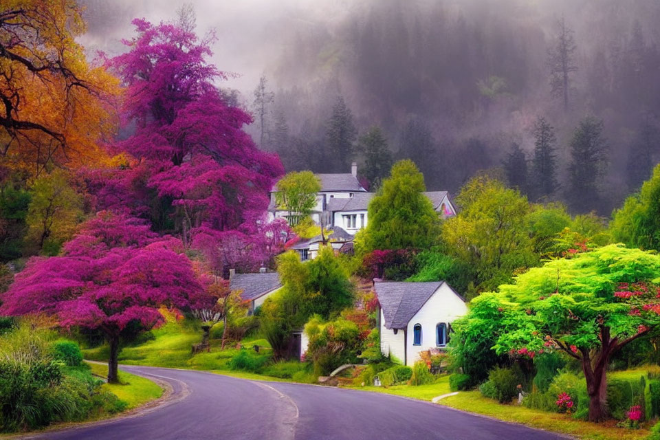 Vibrant trees and quaint houses on rural road through misty forest