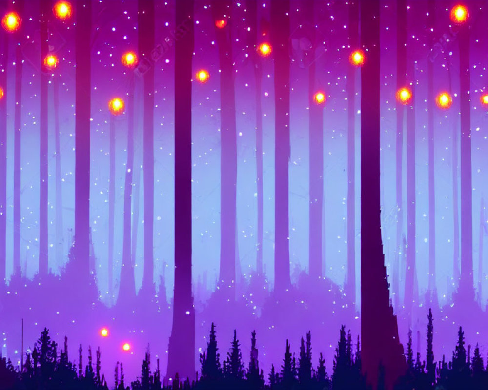 Mystical twilight forest with tall trees and glowing lights