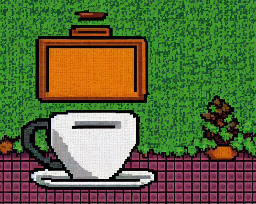 Coffee Cup with Retro TV Head in Pixelated Green Hedge Background